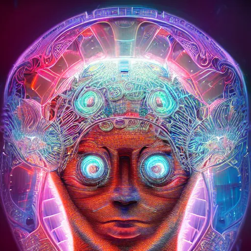 Image similar to Face of a Alien Deity, centered, corals with detailed circuits on it, plume made of geometry, extremly detailed digital painting, sharp focus in the style of android jones, artwork of a futuristic artificial intelligence superstar with frames made of detailed circuits, mystical colors, rim light, beautiful lighting, 8k, stunning scene, raytracing, octane, under water visual distortion, dark tones colors, trending on artstation
