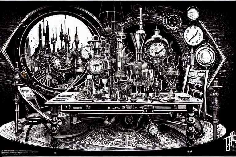 Image similar to steampunk alchemist wizard table with ornate lags, furniture, high details, bold line art, by vincent di fate and joe fenton, inking, etching, screen print, masterpiece, trending on artstation, sharp, high contrast, hyper - detailed,, hd, 4 k, 8 k