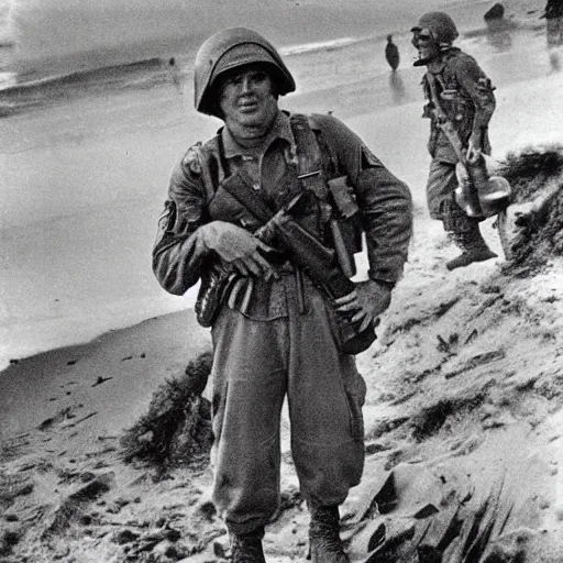 Prompt: Photo by Robert F. Sargent from 1944 Omaha beach with Shrek as one of the American soldiers, very detailed, realistic