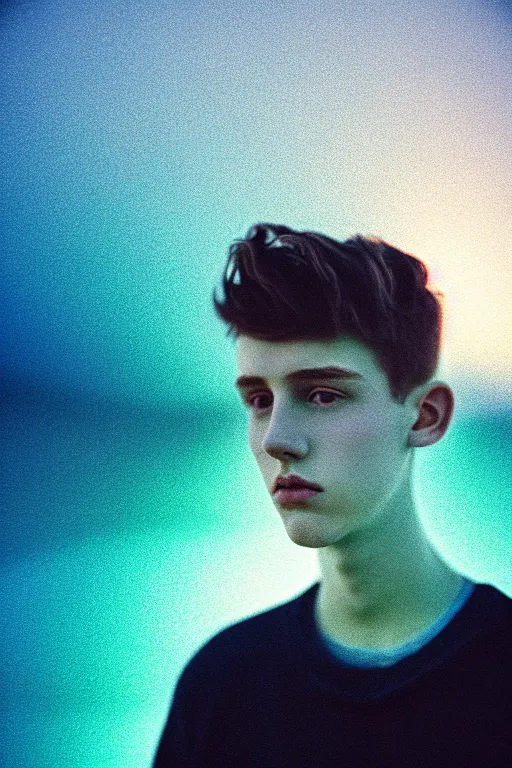 Image similar to high quality pastel coloured film mid angle docu photograph of a beautiful young 2 0 year old male, soft features, short black hair, resting in an icelandic black rock environment. atmospheric. three point light. photographic. art directed. ( pastel colours ). volumetric light. clearcoat. waves glitch. 8 k. filmic.