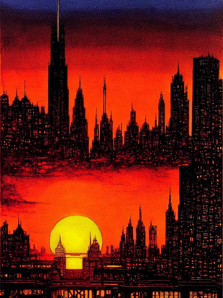 Prompt: The sun sinking behind a modern city skyline by Dan Mumford and Alberto Vargas and John Atkinson Grimshaw, black border, vibrant, sunset, art nouveau