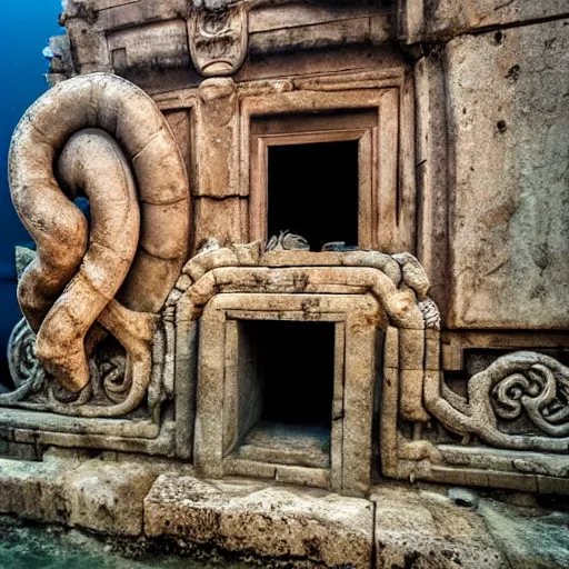 Prompt: an ancient temple with an enormous tentacle beast behind it at the bottom of the ocean, underwater photography, thalassophobia