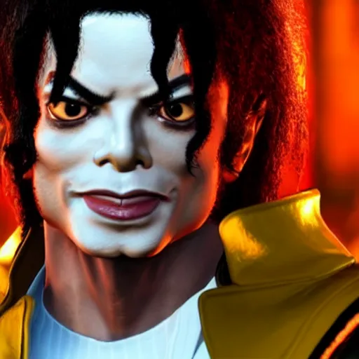 Image similar to a videogame still of Michael Jackson in Tekken 7, portrait, 40mm lens, shallow depth of field, close up, split lighting, cinematic