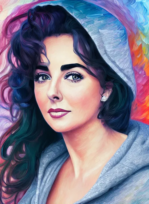 Prompt: elizabeth taylor, gray hoodie, jeans, beautiful hair, half body shot, path traced, highly detailed, high quality, digital painting, alena aenami, leonid afremov, lilia alvarado, shinji aramaki, karol bak, alphonse mucha, tom bagshaw