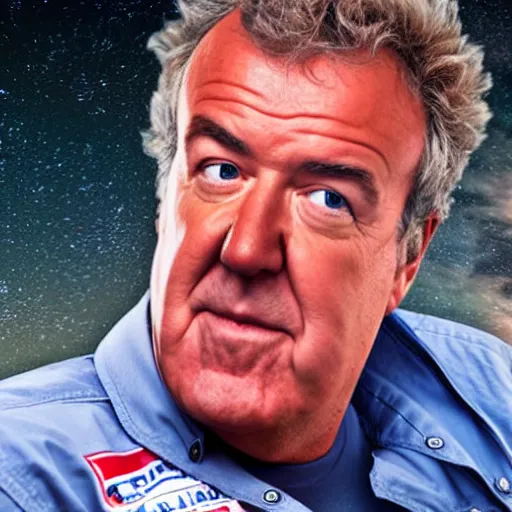 Image similar to A realistic digital photograph of Jeremy Clarkson from the television show Top Gear driving a Toyota Hilux pickup truck to the Moon