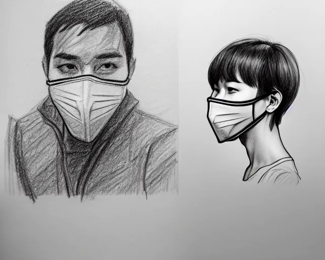 Prompt: draft drawing of a european man covering her face with mask, a sketch by choro choi, thin stroke, trending on artstation, context art, pencil sketch, high detail