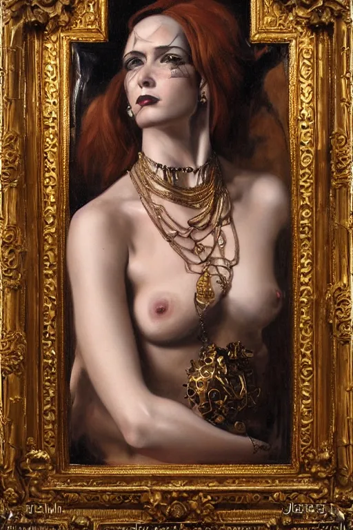 Image similar to hyper realistic painting portrait of the lady of punk, occult diagram, elaborate details, detailed face, intrincate ornaments, gold decoration, occult art, oil painting, art noveau, in the style of roberto ferri, gustav moreau, jean delville, bussiere, andrew gonzalez
