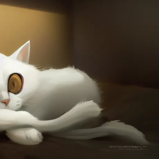 Image similar to a white cat lying on the bed, characterized by roman shipunov, etienne hebinger, atey ghailan, cgsociety, fantasy art, 2 d game art