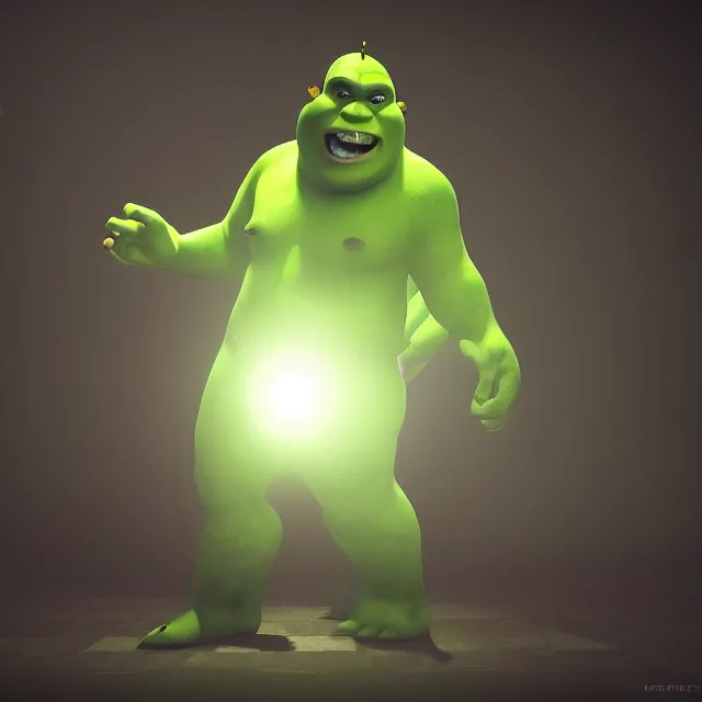 Prompt: ultra shrek performing on his yeezus tour, dark cinematic, volumetric, realistic, 3 d render, cinematic lighting, ray tracing, cinematic, unreal engine 5, unreal engine render, octane render, hyper realistic, photo, 8 k