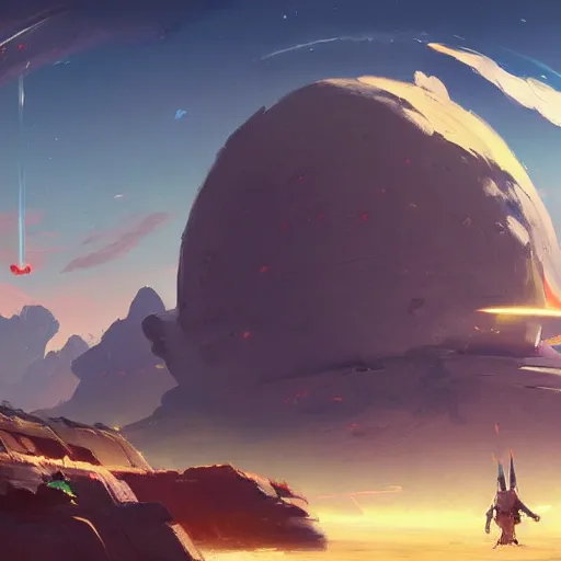 Image similar to landscape painting of a spaceship crashed into a foreign planet. clean sharp digital art, environment concept art, by rossdraws, ghibli, breath of the wild, greg rutkowski