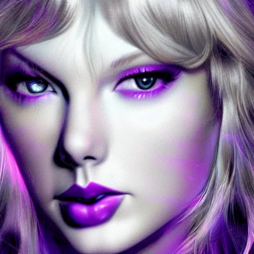 Image similar to closeup portrait of an ethereal Taylor swift made of purple light, divine, cyberspace, mysterious, dark high-contrast concept art