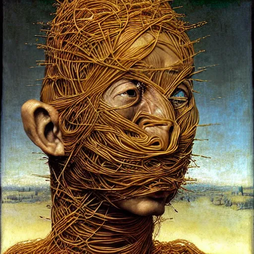 Image similar to half boy half rhino made of spaghetti, by giuseppe arcimboldo and ambrosius benson, renaissance, intricate and wet oil paint, a touch of beksinski, realistic