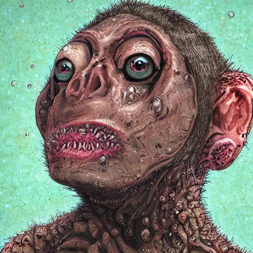 Image similar to measles on a deformed hideous pustule covered monkey, sores, bumps, skin wounds, surface hives, growths, horror, fantasy, highly detailed, by Dan Hillier, ooze, slime, in background nebula of bacteriophages