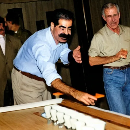 Prompt: saddam hussein playing beer pong with george w. bush