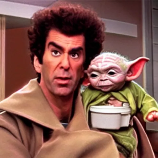 Prompt: cosmo Kramer from Seinfeld holding baby Yoda inside of a pizza hut, realistic, unreal, cinematic