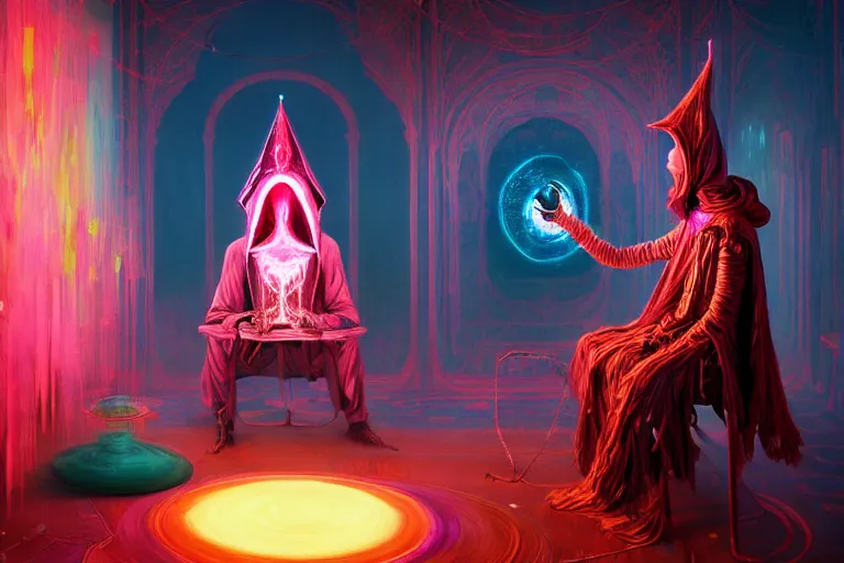 Prompt: a highly detailed beautiful masterpiece painting of a technomancer wizard in robes with pointed hood discussing sentience with his synthesized AI djinn in his laboratory near a computer by Remedios Varo and Anato Finnstark and Greg Rutkowski, dayglo pink, dayglo blue, dazzle camouflage, 8k, trending on ArtStation