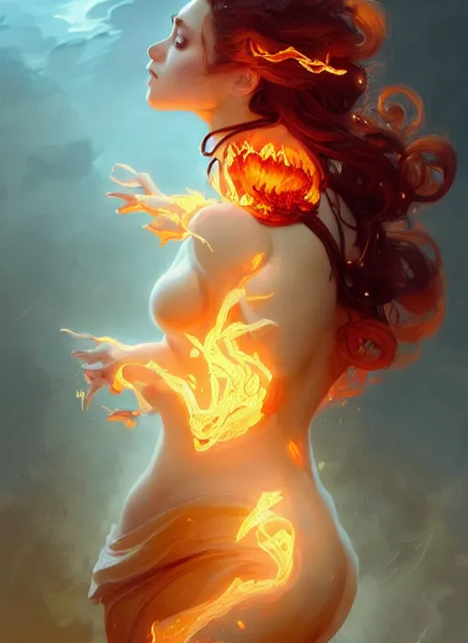 Image similar to a cute fire elemental, with fingers and hair turning into flames, fantasy, intricate, elegant, highly detailed, digital painting, artstation, concept art, wallpaper, smooth, sharp focus, illustration, art by artgerm and greg rutkowski and alphonse mucha