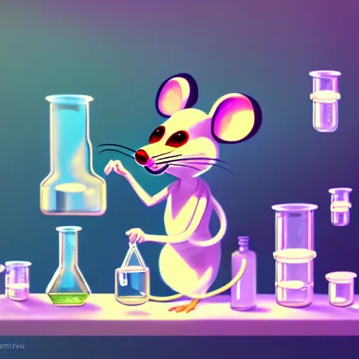 Prompt: anthropomorphic mouse performing a chemistry experiment, in a cluttered lab, lots of beakers, illustration, cyberpunk, sci - fi fantasy, intricate, elegant, highly detailed, digital painting, pastel colors, artstation, concept art