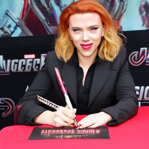 Prompt: scarlett johansson as black widow from avengers endgame signing autographs