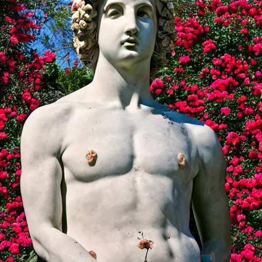 Prompt: portrait of a greek statue covered in roses