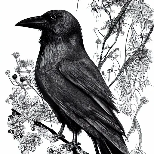 Image similar to detailed crow illustration, full body, concept art, black ink on white paper, sketched 4k