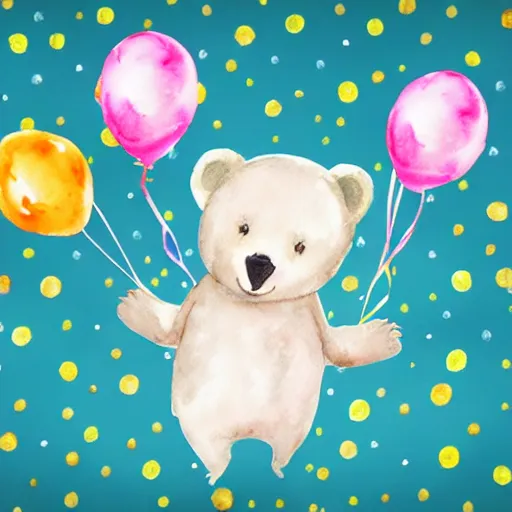 Image similar to watercolor cute animated baby bear holding birthday balloons with colorful dots, white background,