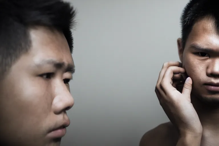 Image similar to closeup potrait of young filipino man looking defeated in front of his computer, amsterdam, dark room, screen light, sharp, detailed face, magazine, press, photo, Steve McCurry, David Lazar, Canon, Nikon, focus