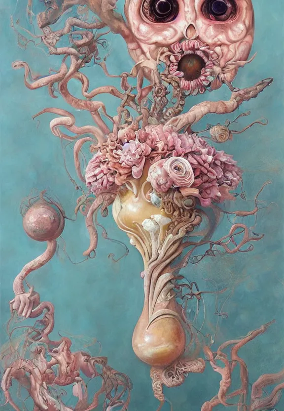 Prompt: a biomorphic painting of a vase with flowers and eyeballs in it, a surrealist painting by Marco Mazzoni, by Dorothea Tanning, Peter Mohrbacher, pastel blues and pinks, featured on artstation, metaphysical painting, oil on canvas, fluid acrylic pour art, airbrush art, seapunk, rococo, lovecraftian