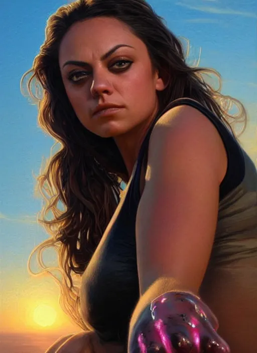 Image similar to epic portrait of Mila Kunis wearing black choker, a very strong muscled Amazon heroine, sun beams across sky, pink golden hour, intricate, elegance, highly detailed, shallow depth of field, epic vista, concept art, art by Artgerm and Donato Giancola, Joseph Christian Leyendecker