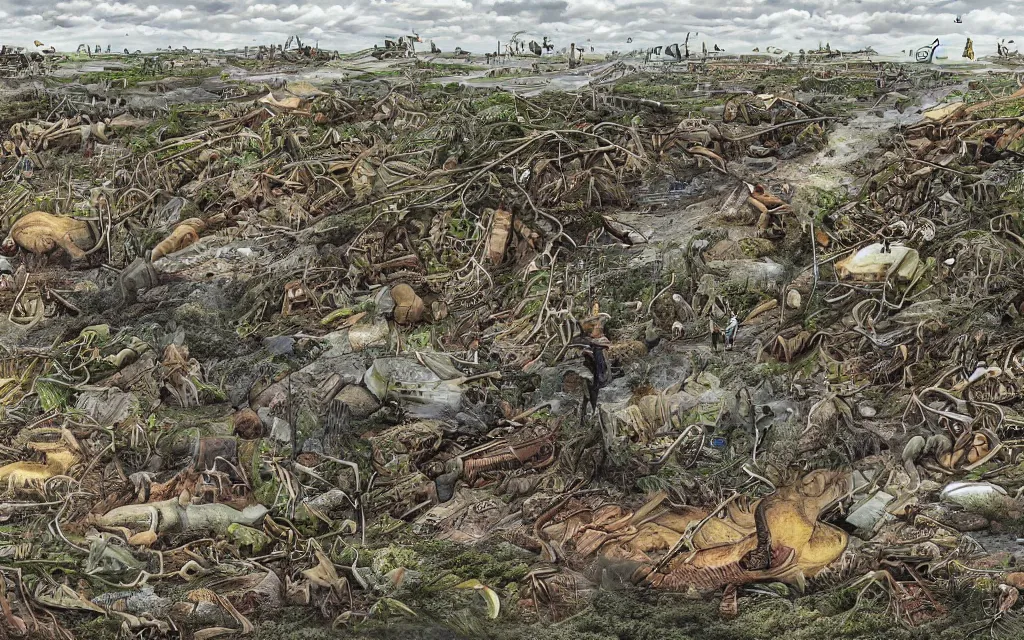 Image similar to very detailed illustration of disastrous environmental consequences of human negligence,