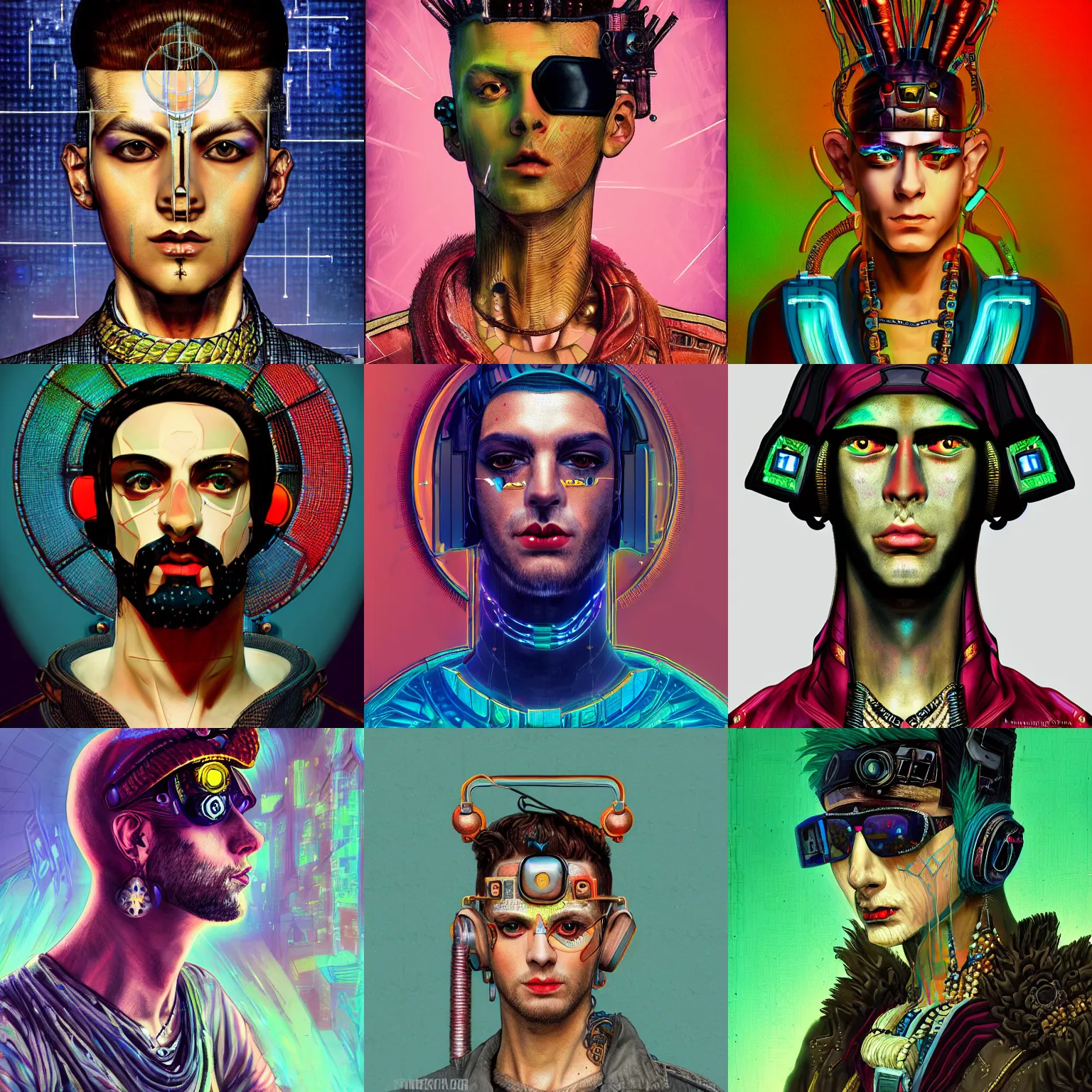 Prompt: a detailed portrait of a fashionable sumerian god wearing a cyberpunk cybergrunge outfit the style of william blake and norman rockwell, kubrick, rembrandt, crisp, vibrant color scheme, crisp, artstationhd