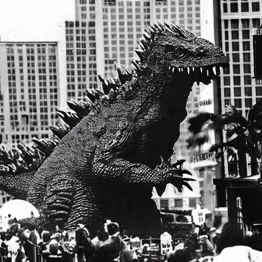 Prompt: photo of original toho godzilla on the red carpet at the premier of his new feature film, in the style of a tabloid magazine