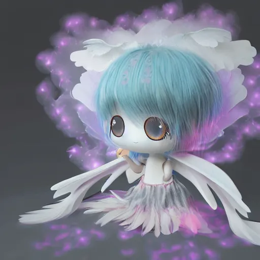 Image similar to cute fumo plush of a divine angel, gothic maiden, ribbons and flowers, ruffled wings, feathers raining, particle simulation, clouds, vray, outline glow lens flare burning sun, fallen angel