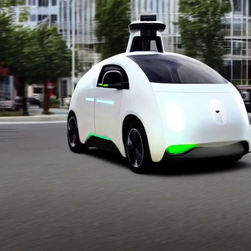 Prompt: a photo of a futuristic self driving electric car, built by the company apple, photorealistic