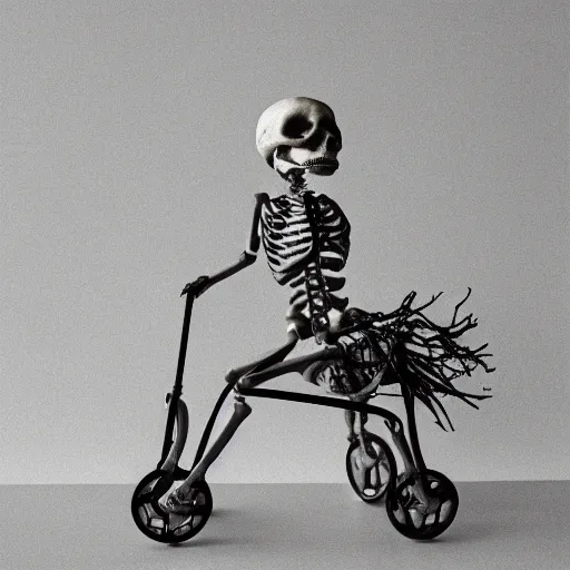 Prompt: “skeleton with a huge head riding a bicycle, studio lighting”