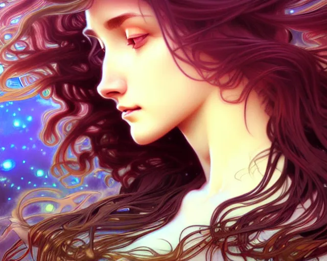 Image similar to overlord, psychedelic flowing hair, close eyes, portrait, highly detailed, deep focus, elegant, digital painting, smooth, sharp focus, illustration, ultra realistic, 8 k, art by artgerm and alphonse mucha