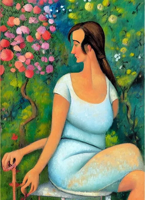 Prompt: figurative portrait oil painting of a woman relaxing in her garden, art by didier lourenco, spanish modernism style, patterned background, balanced and aesthetically pleasing natural and pastel colors