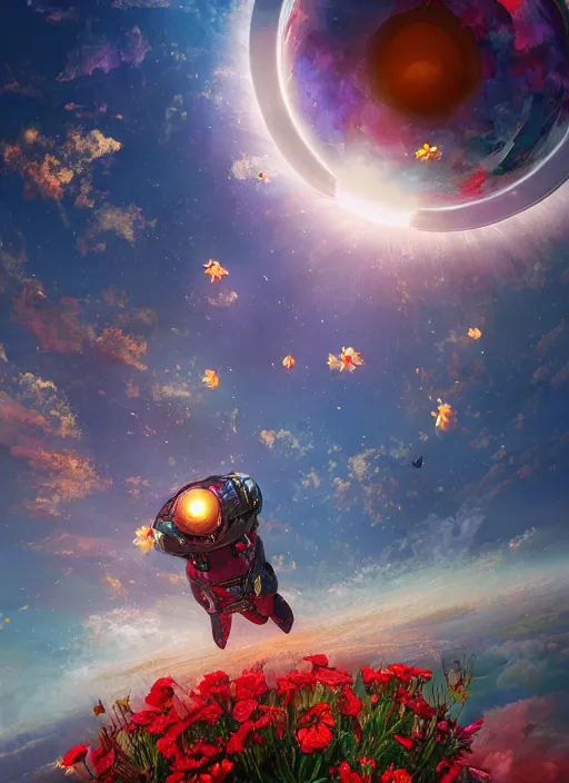 Image similar to An epic fantastic realism comic book style painting of the most beautiful flowers launched into space, bouquets, solar eclipse, fisheye, unreal 5, DAZ, hyperrealistic, octane render, dynamic lighting