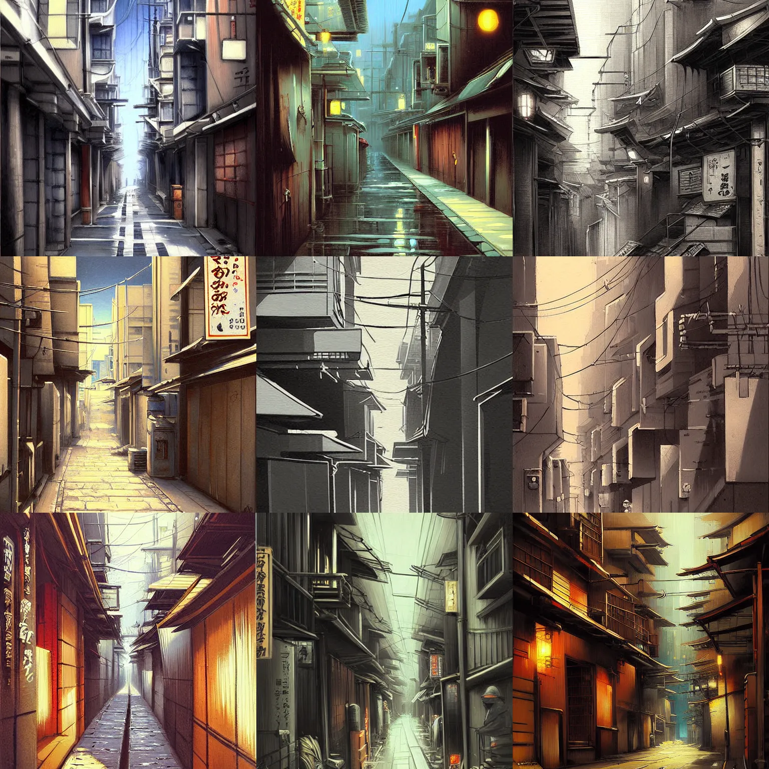 Prompt: tokyo alleyway by raphael lacoste, beautiful, soft painting