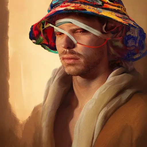 Image similar to portrait of a blindfolded man in multicolored robes, a large straw hat, detailed face, highly detailed, cinematic lighting, digital art painting by greg rutkowski