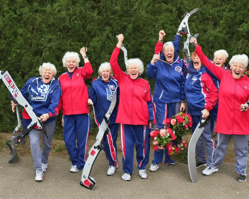 Image similar to a gang of old ladies waving chainsaws and flowers, and wearing Umbro track suits laughing maniacally and screaming