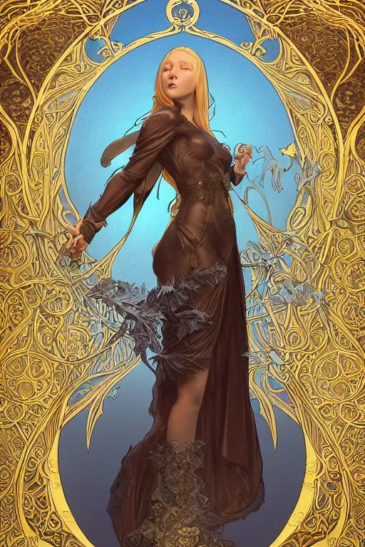 Image similar to full - body artwork, cattie - brie of mithril hall, by artgerm, andreas rocha, greg rutkowski. art nouveau neo - gothic sculpture by mucha. swirly intricate gilded linework background. gaudy colors, sharp edges. ultra clear detailed. 8 k. elegant. octane render