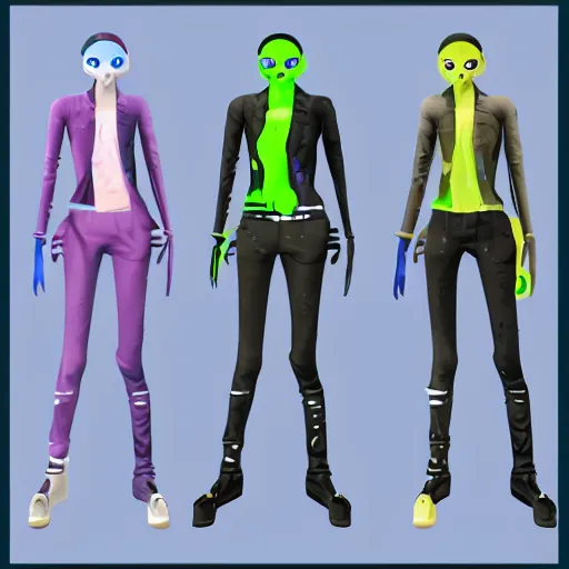 Prompt: character design sheets for a fashionable nonbinary androgynous gothic manta ray humanoid person with manta ray arms who sells empty spray paint cans as a scam and is always covered in paint and acting shady, designed by splatoon nintendo, inspired by tim shafer psychonauts 2 by double fine, cgi, professional design, gaming