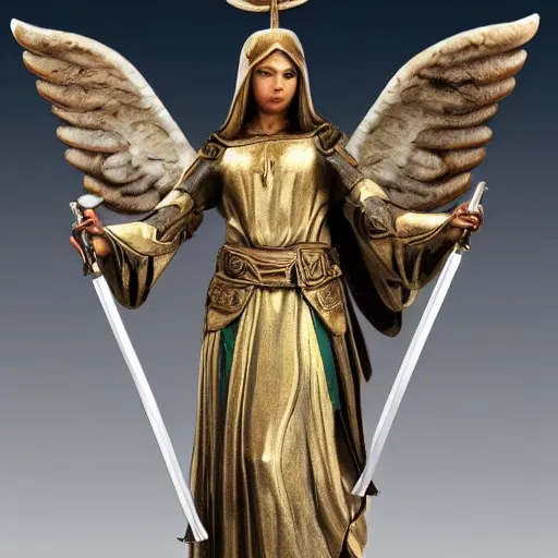 Image similar to full body photo of a female angelic warrior with holy weapons, highly detailed,