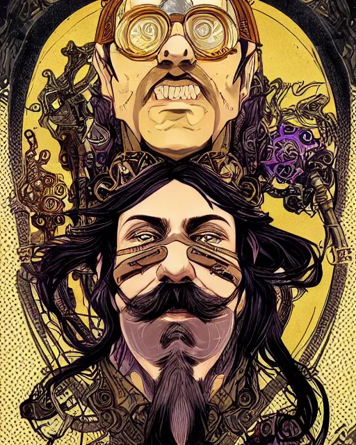 Prompt: a detailed portrait illustration of a steampunk wizard. art nouveau, pop art, comic book style. influenced by neil gaiman, h. p. lovecraft, ross tran, brian froud, osborne macharia, killian eng.