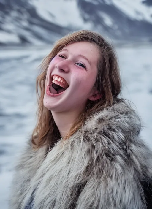 Image similar to Mid-shot portrait of a beautiful 20-year-old woman from Iceland, smile, happy, candid street portrait in the style of Martin Schoeller award winning, Sony a7R