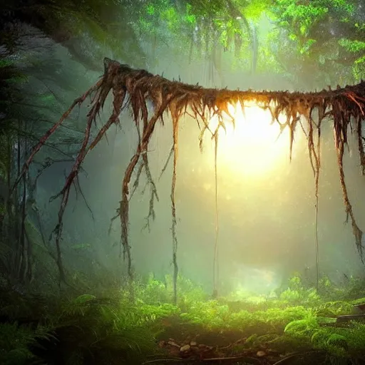 Image similar to horrific, shining portal embedded in a terrifying tree in a densely overgrown jungle, fantasy, dreamlike sunraise, ultra realistic, atmospheric, stopped in time, epic