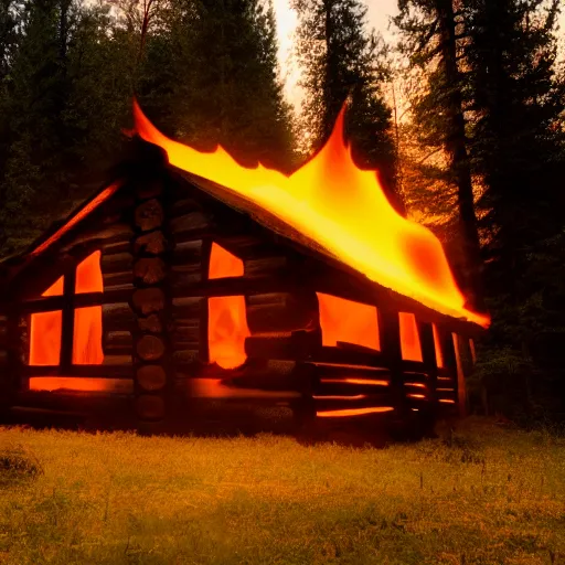 Prompt: burning cabin in the woods volumetric lighting foggy