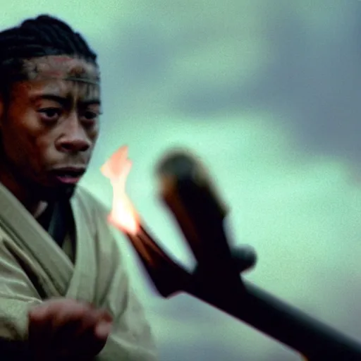 Prompt: cinematic film still Lil' Wayne starring as a Samurai holding fire, Japanese CGI, VFX, 2003, 400mm lens, f1.8, shallow depth of field,film photography