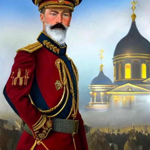 Image similar to russian emperor nicholas ii against the backdrop of the kazan cathedral in st. petersburg digital art, 8 k, character, realism, portrait